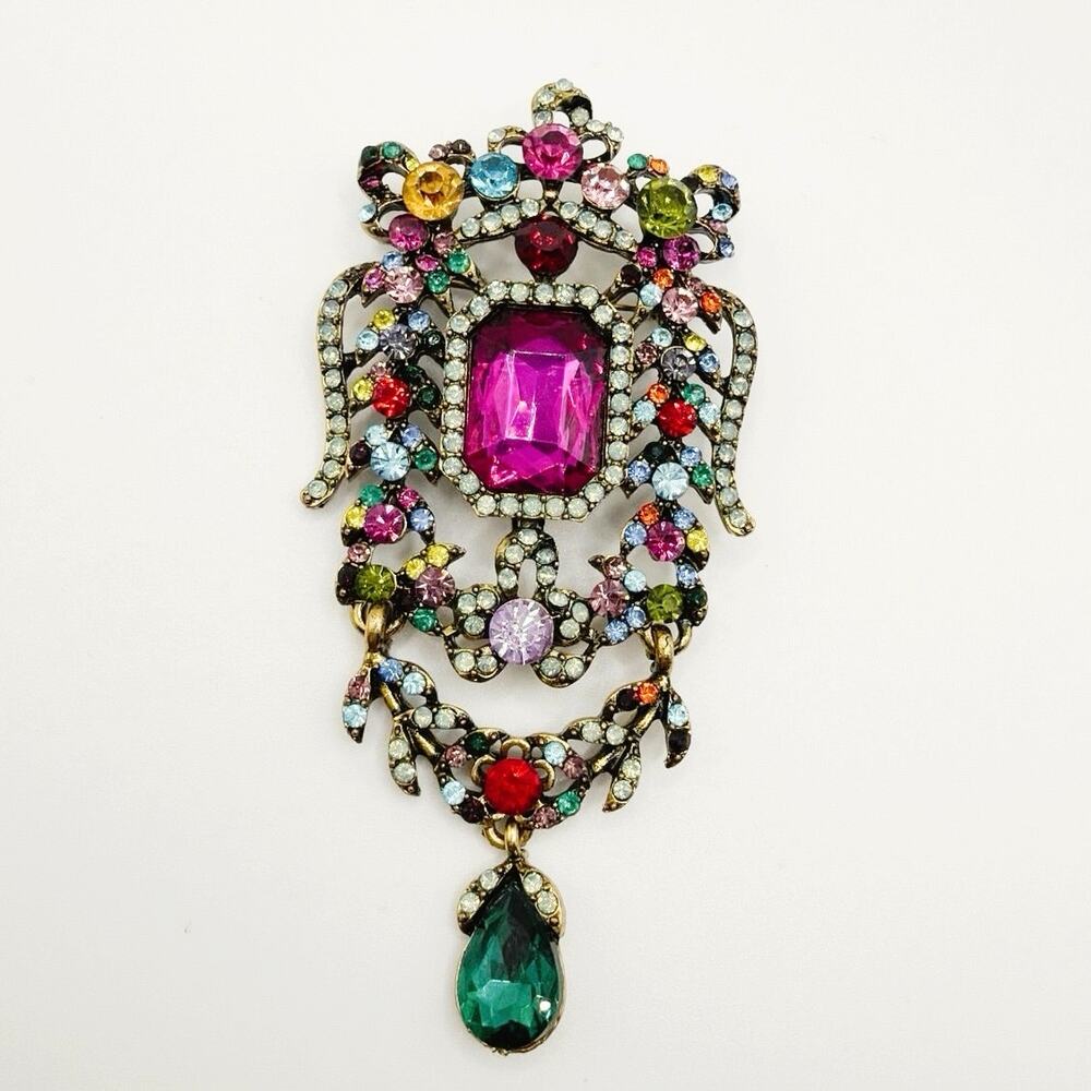Rococo Style Vintage Colorful Rhinestones Large Brooch 4” With Dangling Parts